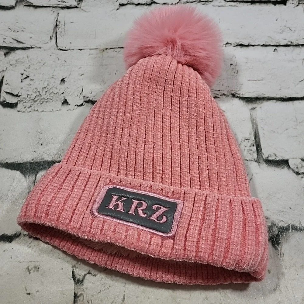 KMZ Beanie Hat Womens Blush Pink Chenille Knit Faux Fur Lined PomPom Ski Cap